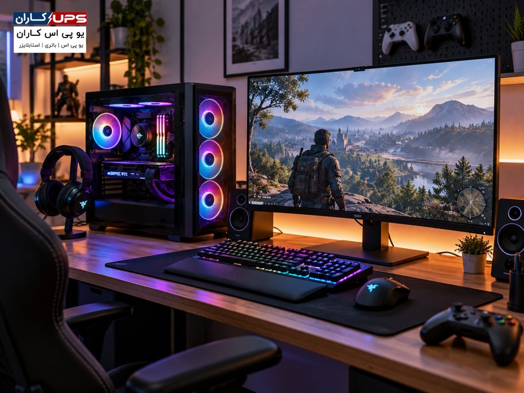 سیستم کامپیوتر گیمینگ با نورپردازی RGB روی میز بازی